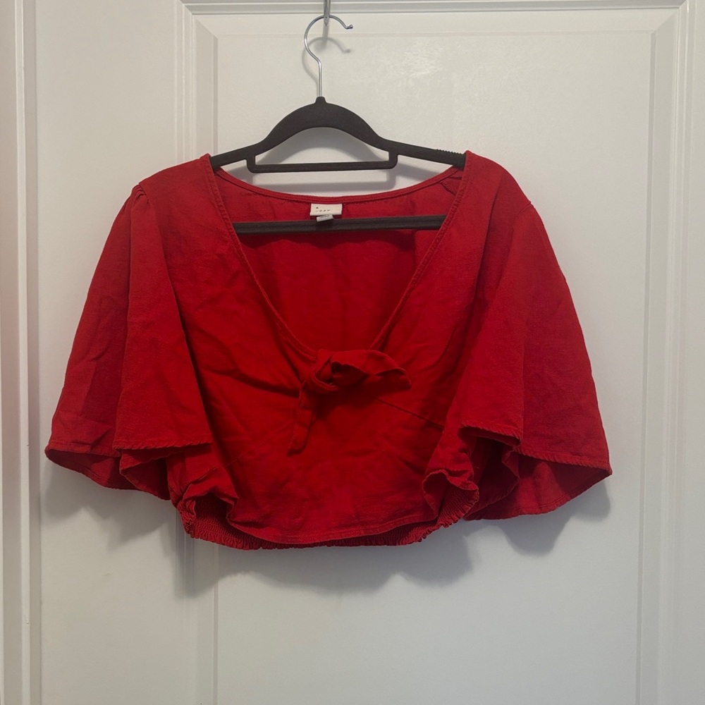 A New Day linen Red Crop Top smock puff sleeve xl holiday knot